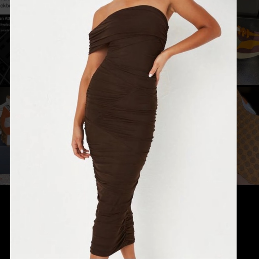Missguided Midi Brown Ruched Dress with one shoulder sleeve, size 2, NWT